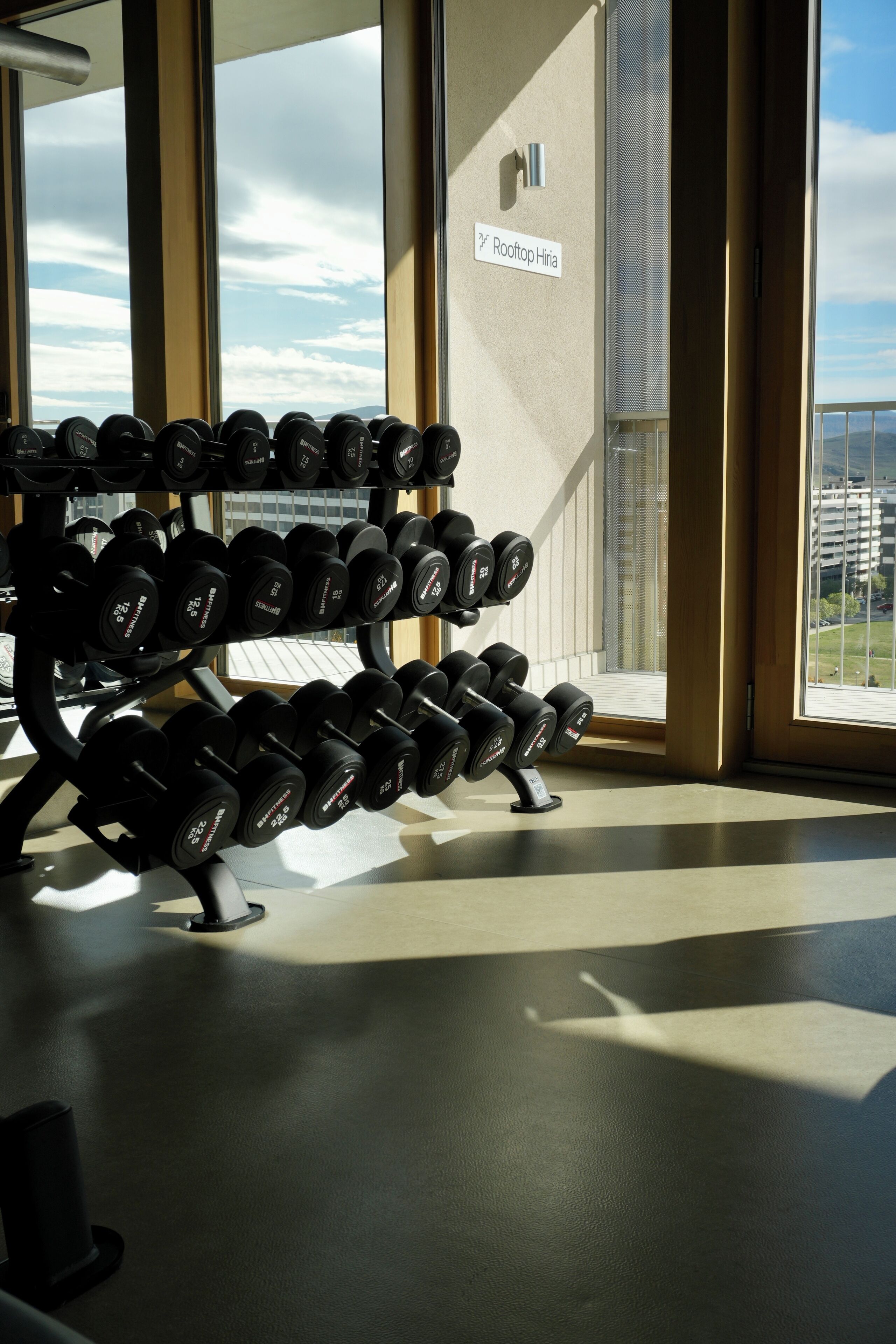 A gym with a rack of dumbbells and a sign reading "Rooftop Hina".