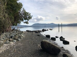 Una playa de guijarros con rocas grandes y un árbol a la izquierda.