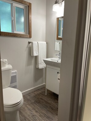 Hair dryer, towels, soap, toilet paper