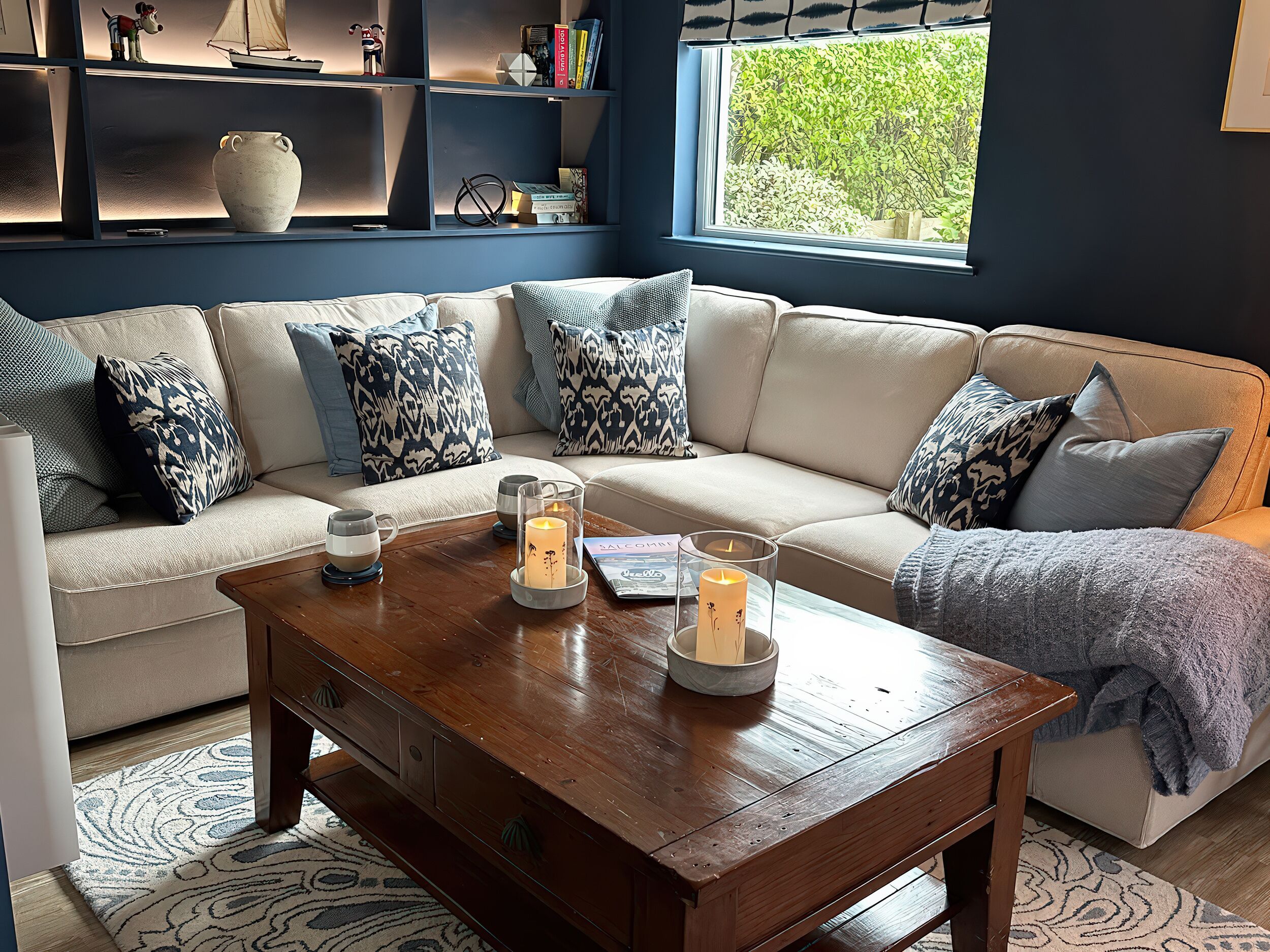 A cozy living room with a sofa, cushions, a coffee table with candles, and a bookshelf with decorative items.