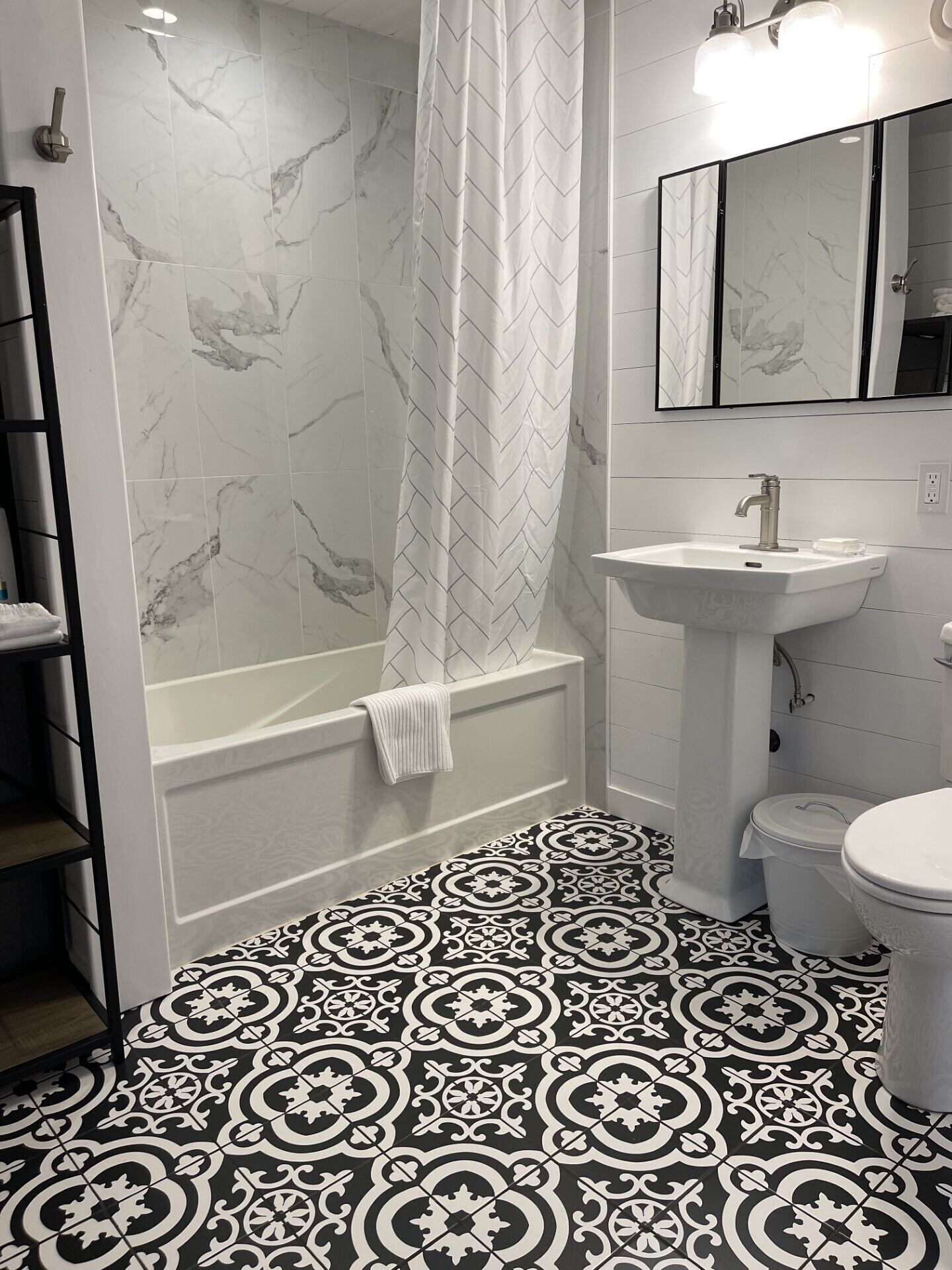 Hair dryer, towels, soap, toilet paper