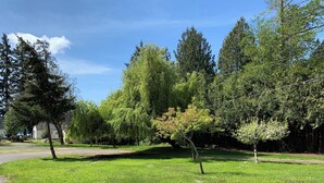 A grassy area with trees and a paved path. - Two Cottages on Waterfront Property with Beach Access - Sleeps 10 (Sooke)