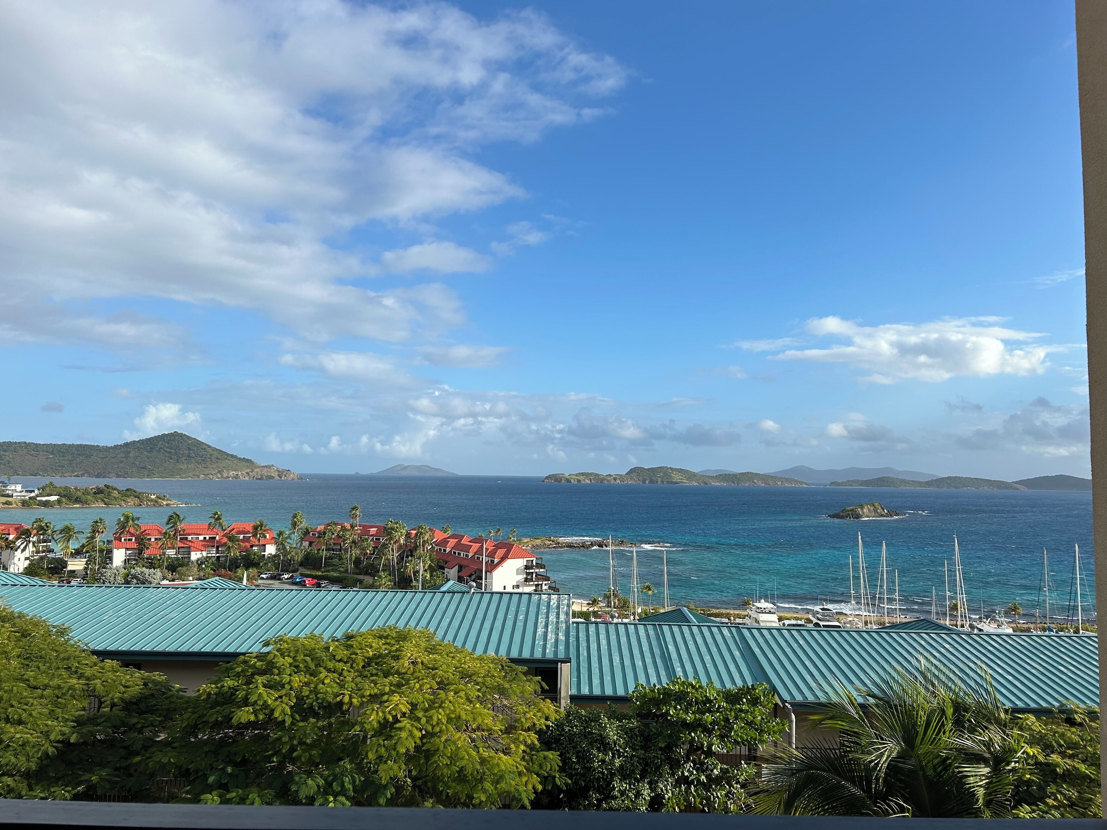 Une vue sur la côte, avec un port de plaisance, des bâtiments aux toits rouges et une montagne à l’horizon.