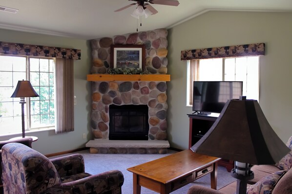 Fernseher, Kamin, DVD-Player, BĂŒcher