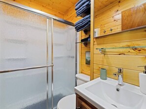 Hair dryer, towels, soap, shampoo