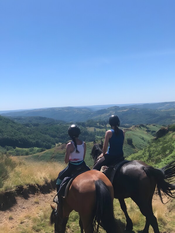 Two people riding horses on a hill with a view of a valley.