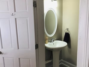 Hair dryer, towels, soap