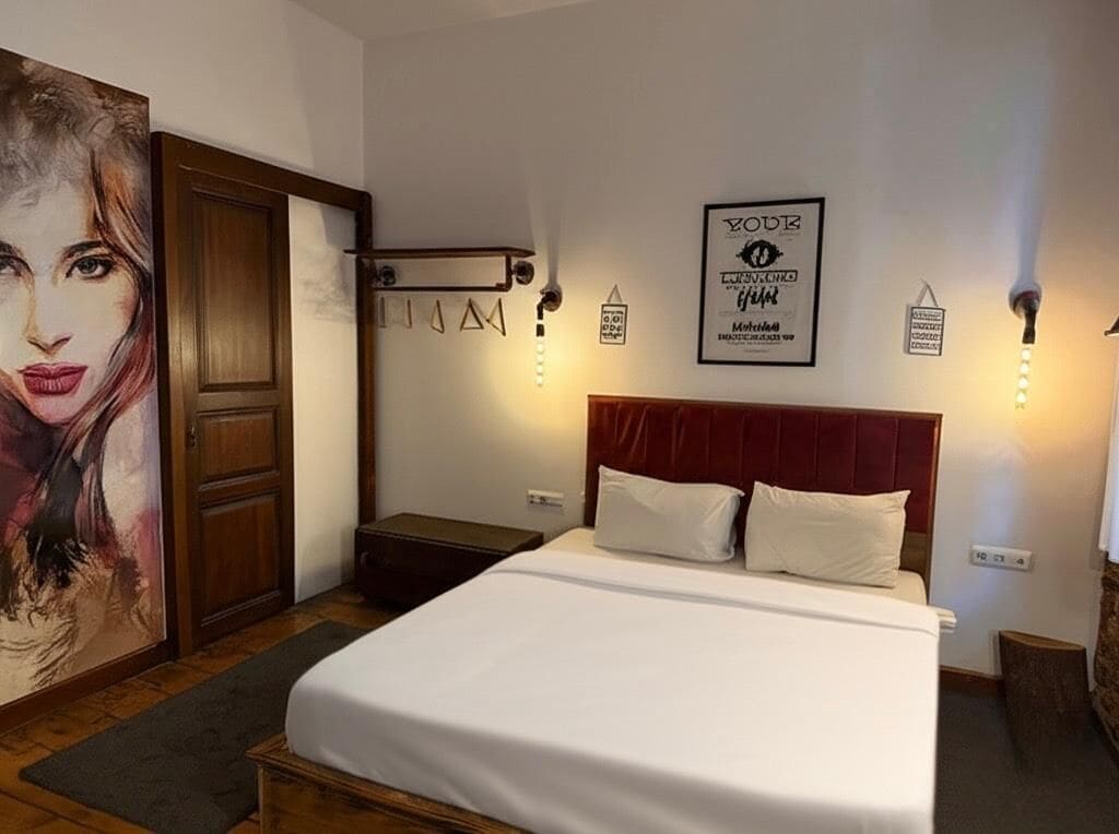 Ein Hotelzimmer mit einem Bett, einer Holztür, einer Wandleuchte und einem gerahmten Zitat an der Wand.