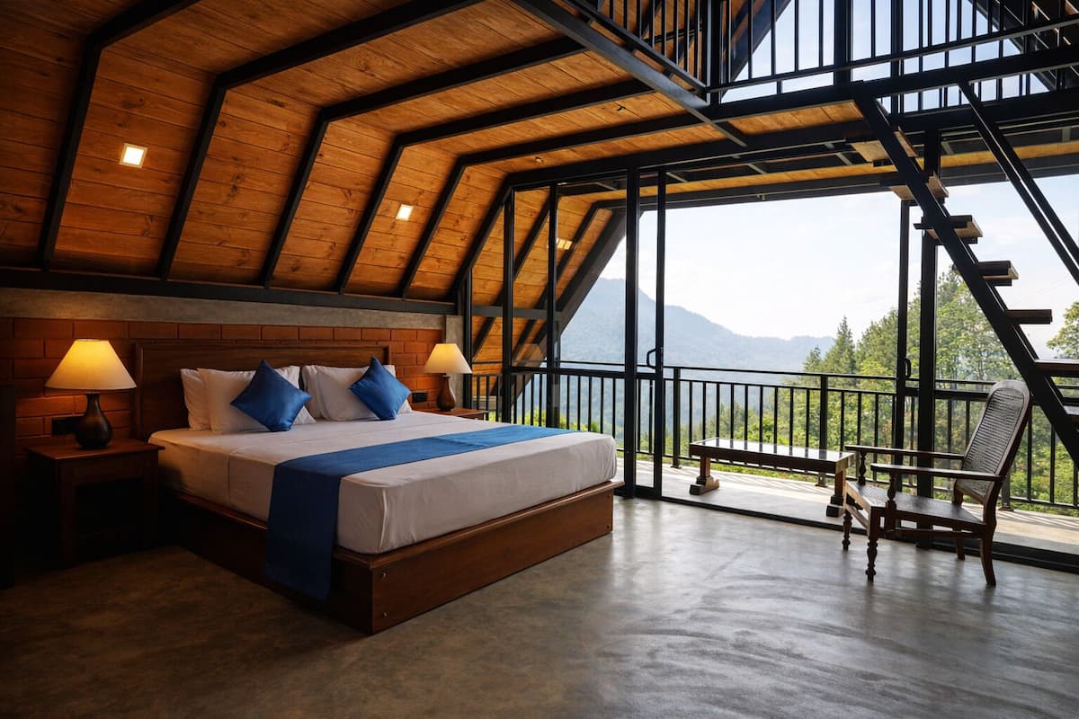 A bedroom with a large bed, two bedside tables with lamps, a view of mountains through large windows, and a balcony with a chair and table.