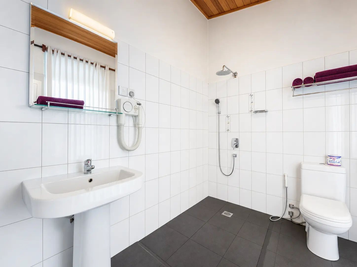 A bathroom with a white sink, a toilet, a shower, and a glass shelf with towels.
