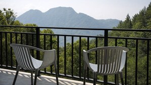 Two white chairs on a balcony with a black railing, overlooking a mountainous landscape. - Forest Edge Hotel (Ginigathhena)