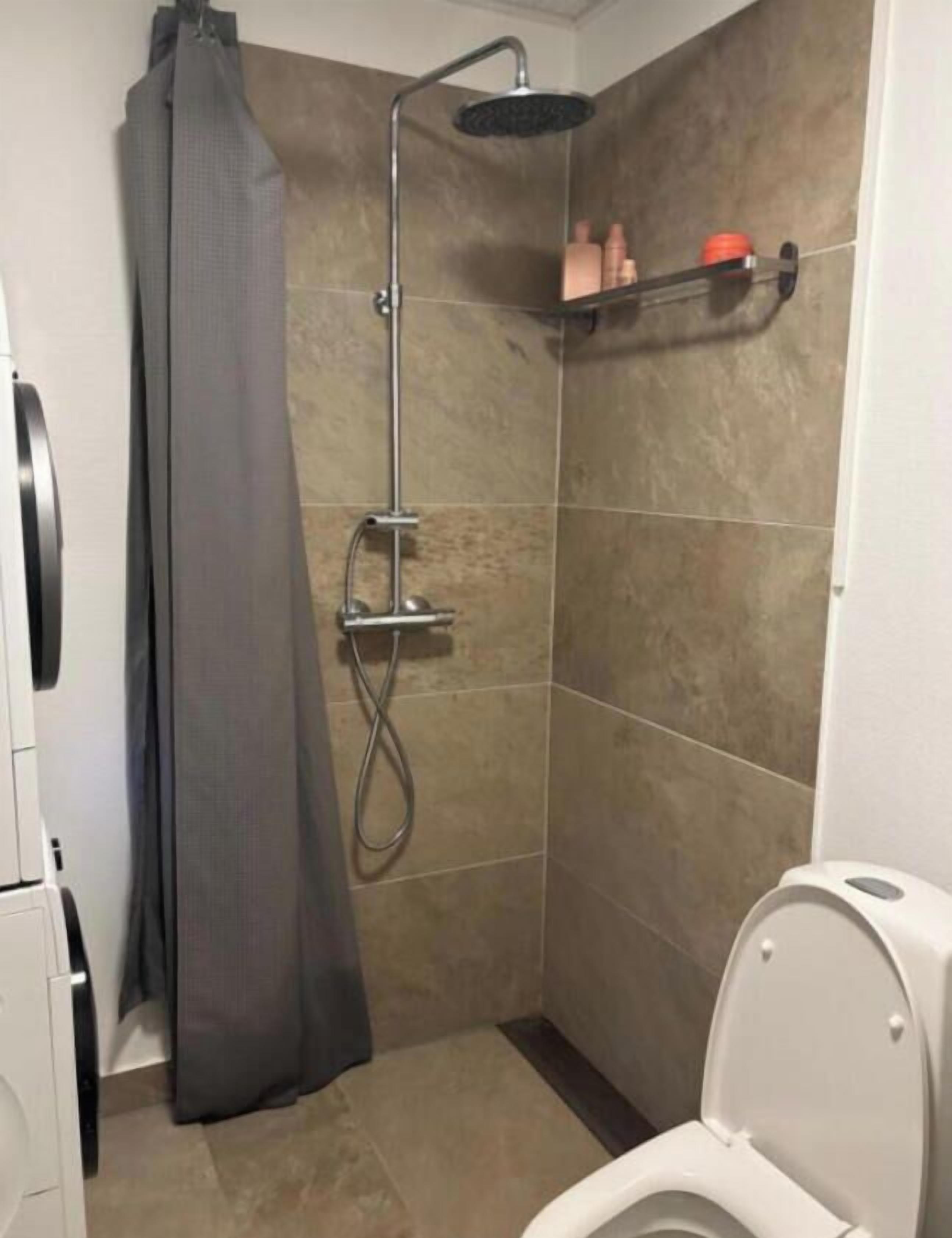 A bathroom with a shower, toilet, and a shelf with toiletries.