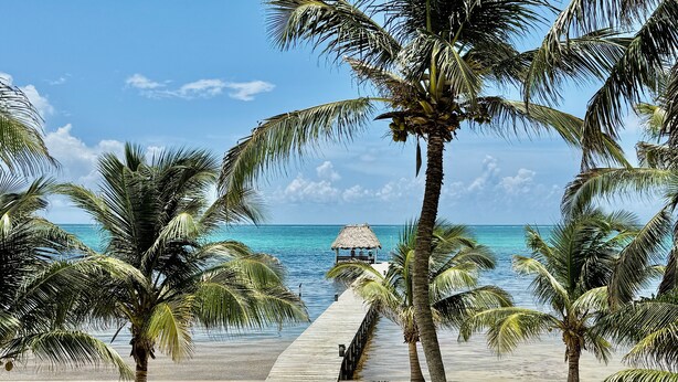 A beach with palm trees, a wooden pier, and a thatched-roof hut. - Sunset Beach Resort (San Pedro)