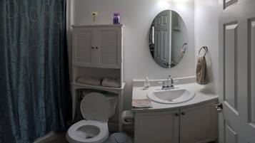 Hair dryer, bidet, towels, soap