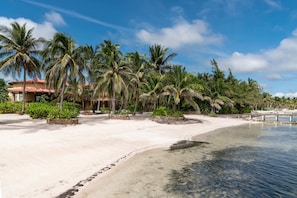 A beachfront property with a sandy beach, palm trees, and a clear blue sky.