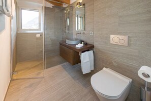 Secadora de cabello, toallas, jabón, papel de baño