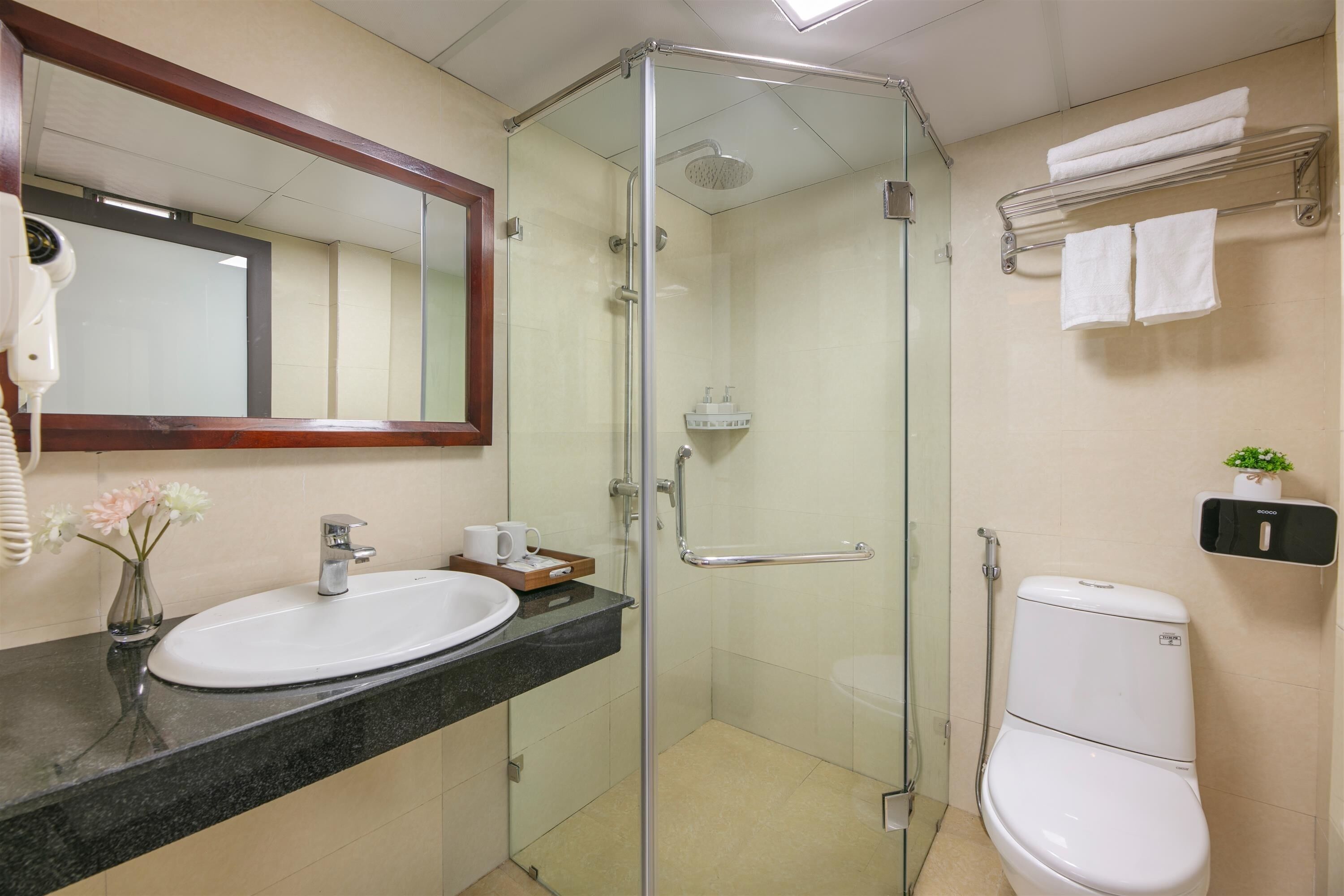 A bathroom with a glass-enclosed shower, a white sink, and a toilet.