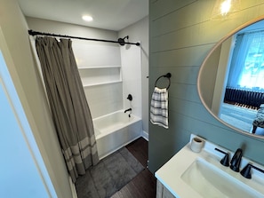 Hair dryer, towels, soap, shampoo