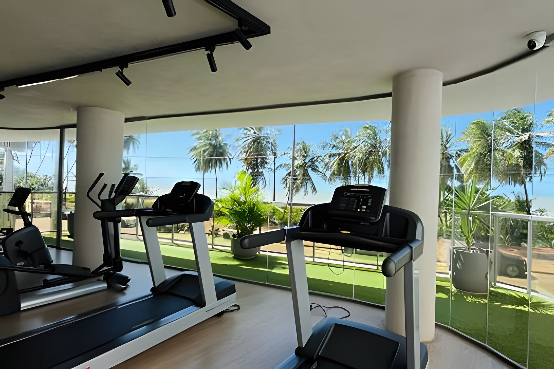 Un gimnasio con cintas de correr y equipo de ejercicio, ventanas amplias y vistas a palmeras.