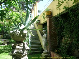 Um jardim com uma estátua, uma grande planta em vaso e uma escadaria que leva a um edifício.