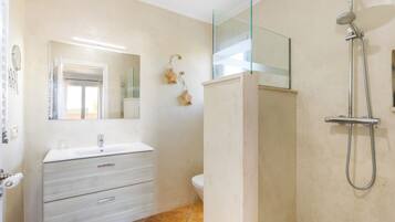 Shower, hair dryer, towels