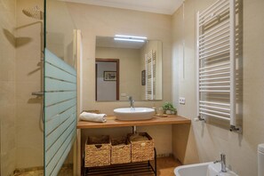 Shower, hair dryer, towels