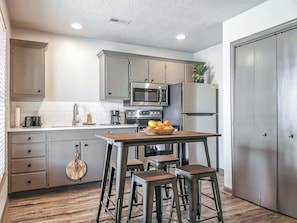 Fridge, microwave, stovetop, toaster