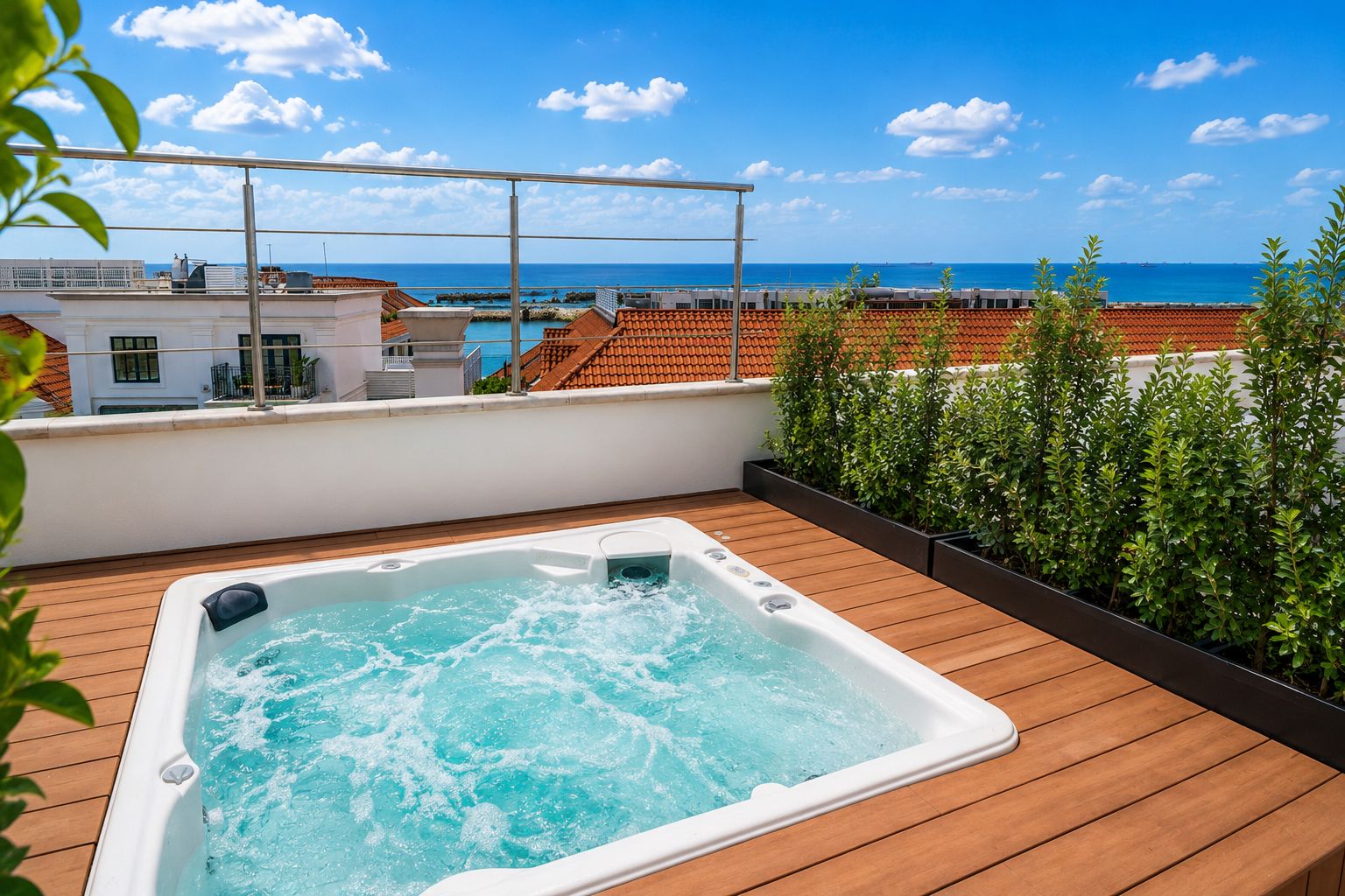 A rooftop terrace with a hot tub, wooden deck, and a view of the sea.