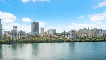Un horizonte urbano con edificios modernos y un cuerpo de agua tranquilo al frente.