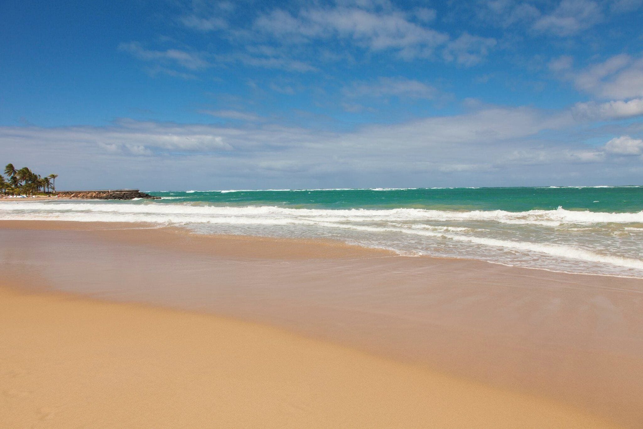A beach with clear skies and waves.