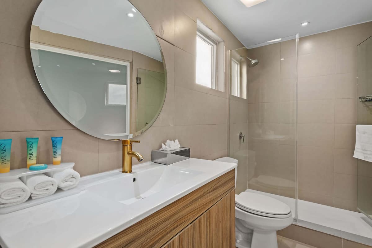 Shower, free toiletries, hair dryer, towels