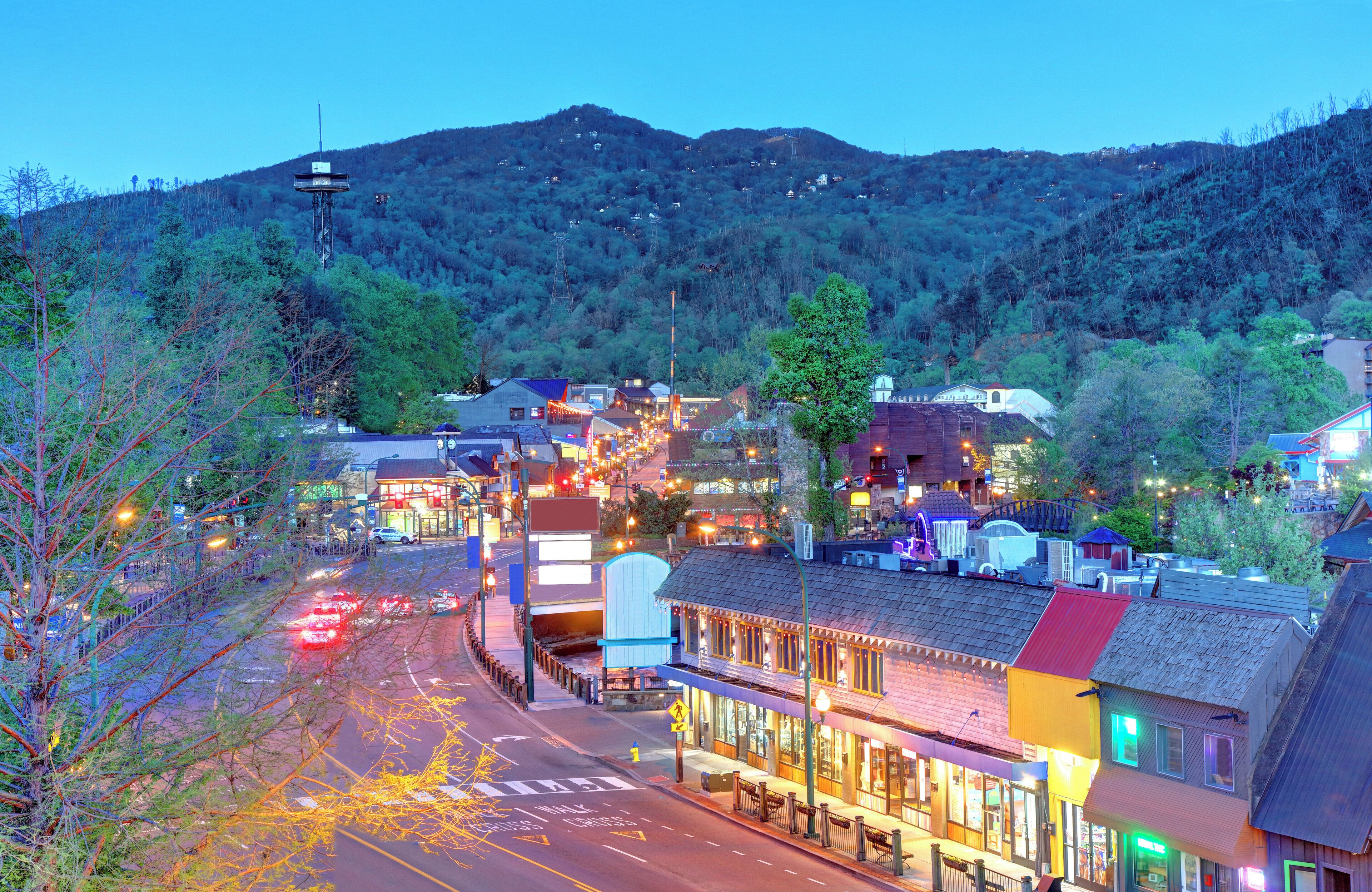 A town with a main street lined with shops and buildings, a mountain in the background, and a traffic light at the intersection.