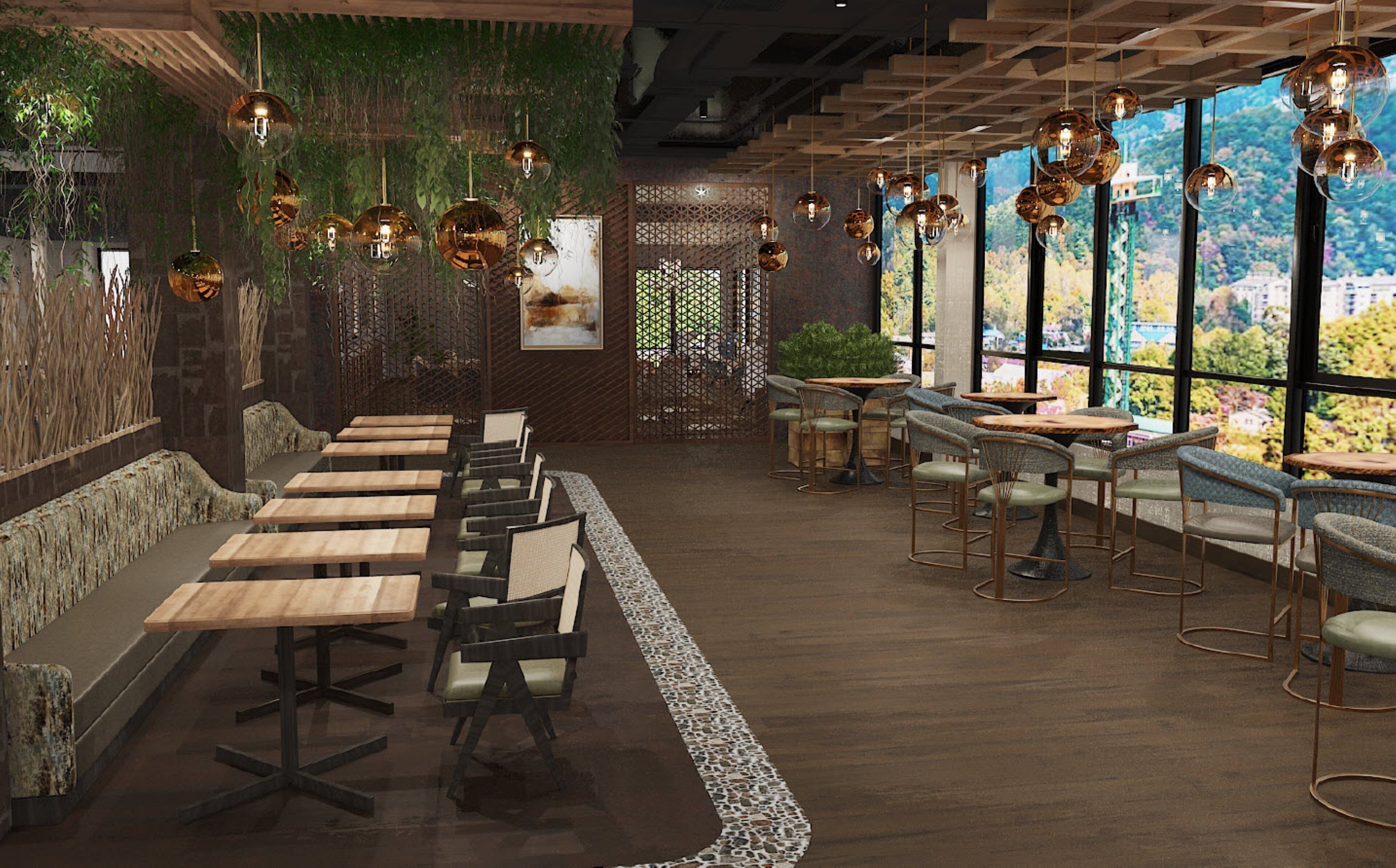 A restaurant with wooden tables and chairs, hanging spherical light fixtures, and large windows offering a view of greenery.