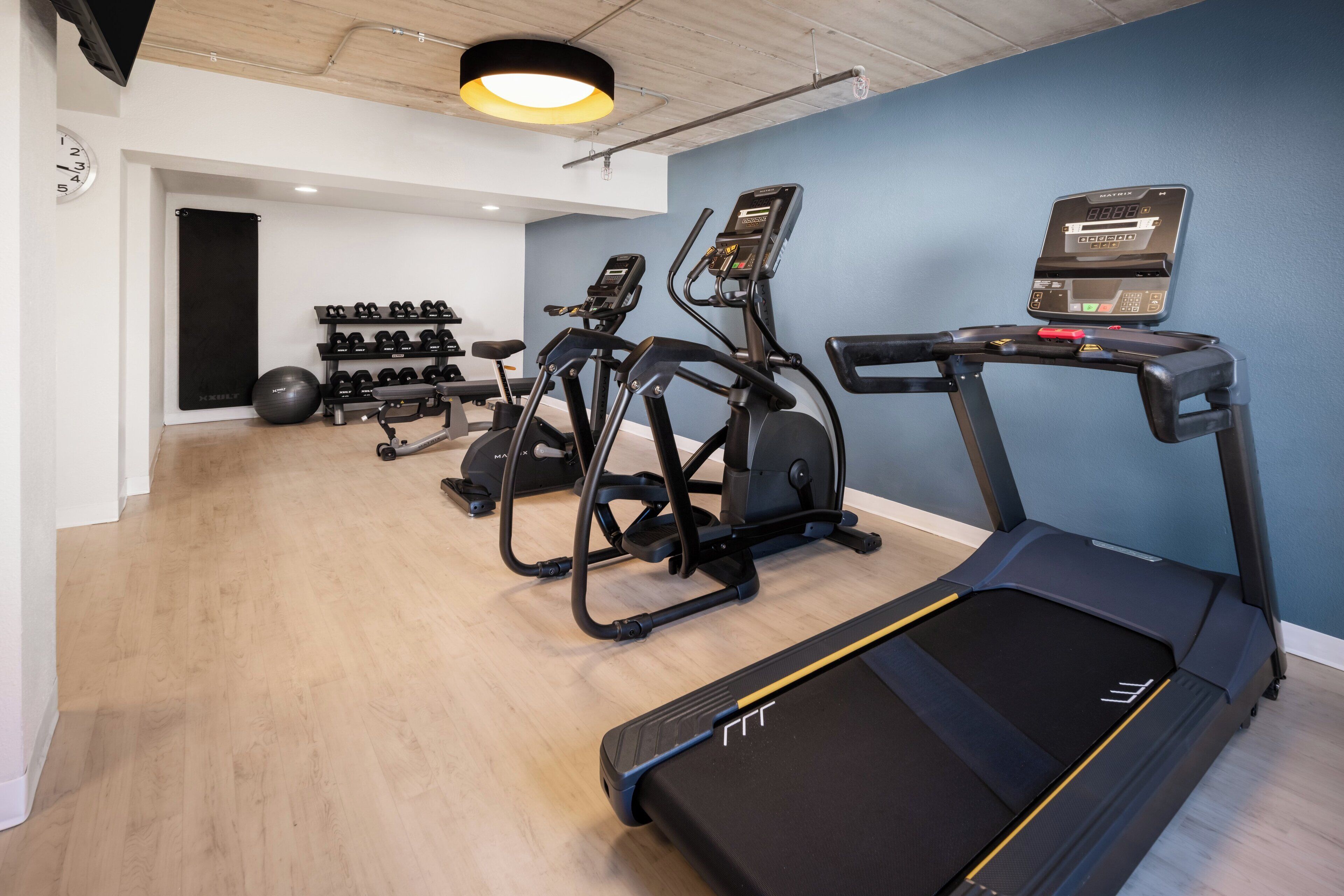 A home gym with treadmills, elliptical machines, and a variety of dumbbells.