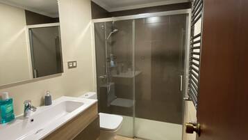 Regadera, secadora de cabello, toallas, jabón