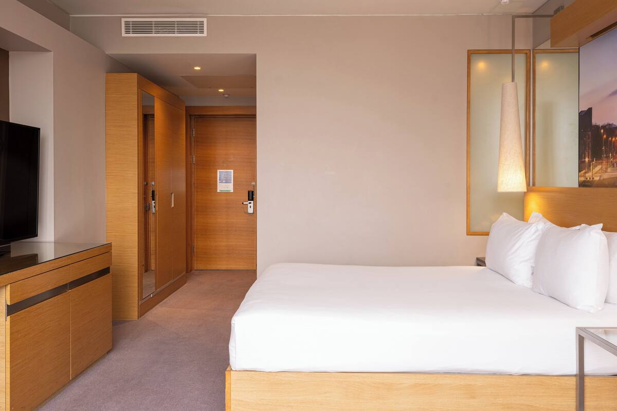 Une chambre d’hôtel avec un lit, une télévision, une armoire et un miroir.