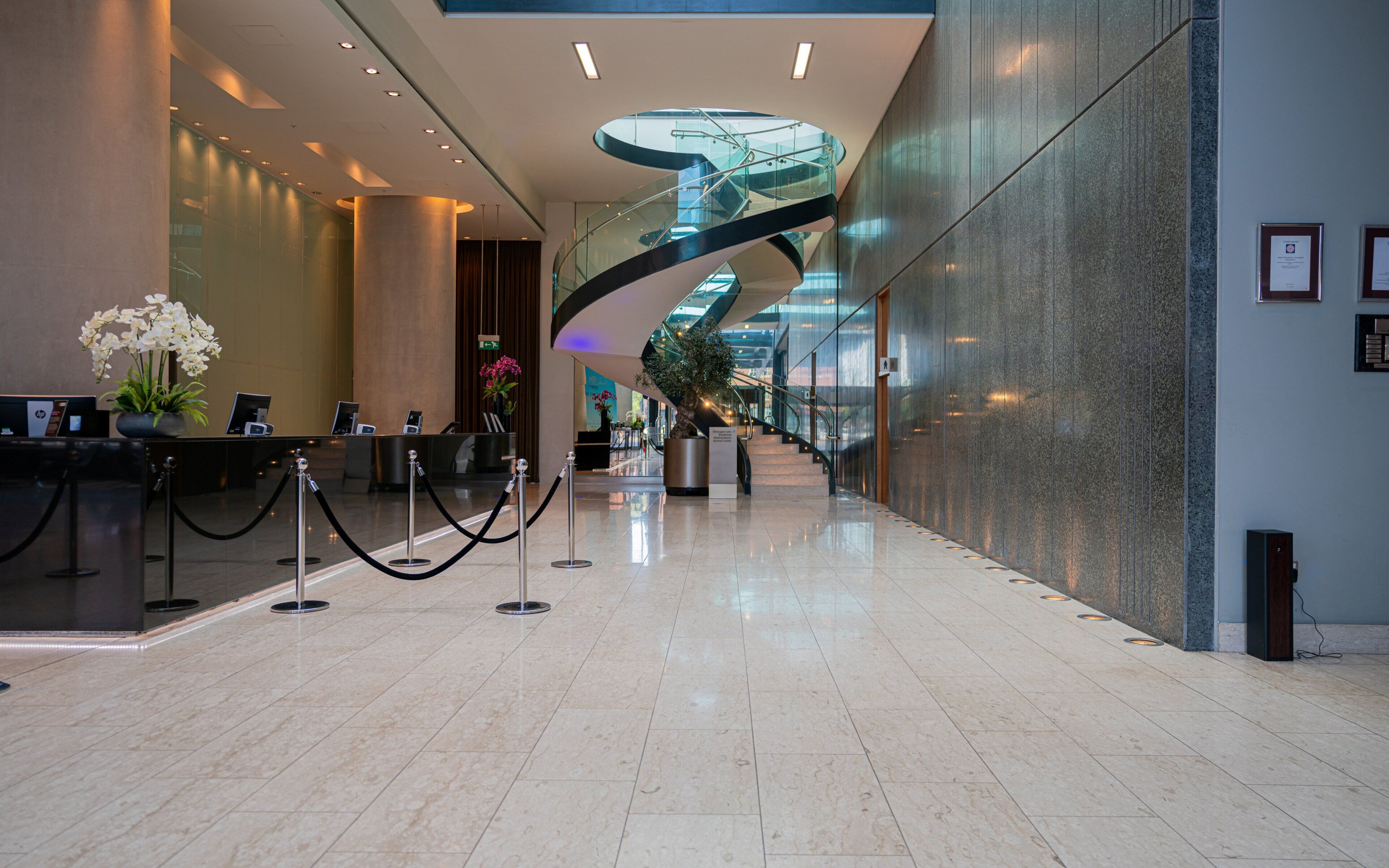 A modern lobby with a curved glass staircase, a reception desk, and a potted plant.