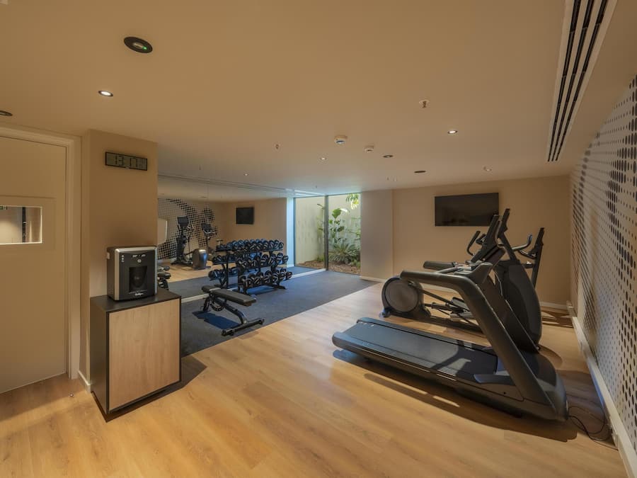 A modern gym with a treadmill, elliptical, and dumbbells.