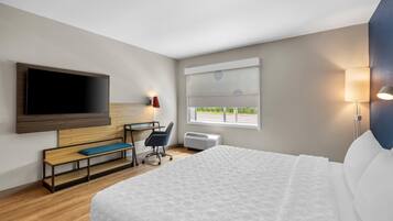 Desk, laptop workspace, free WiFi, bed sheets