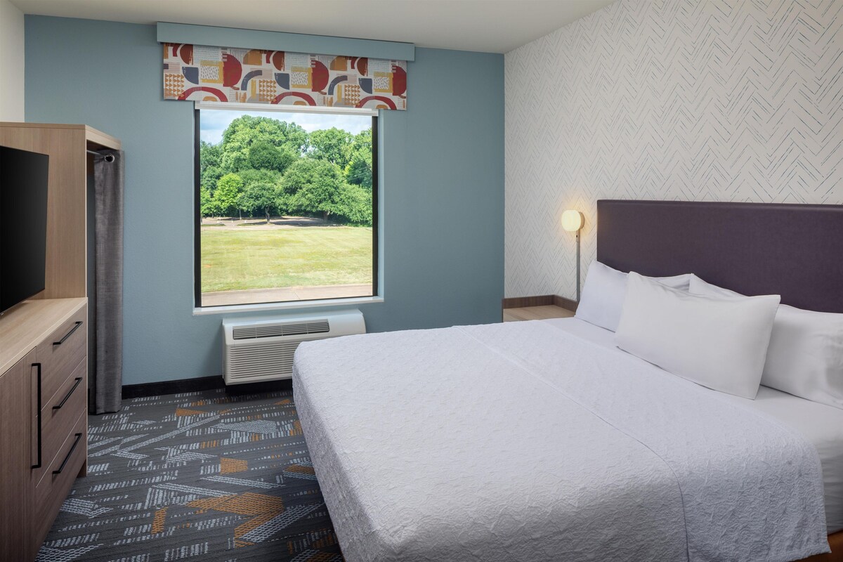 A hotel room with a bed, a television, a window with a view of trees, and a patterned carpet.