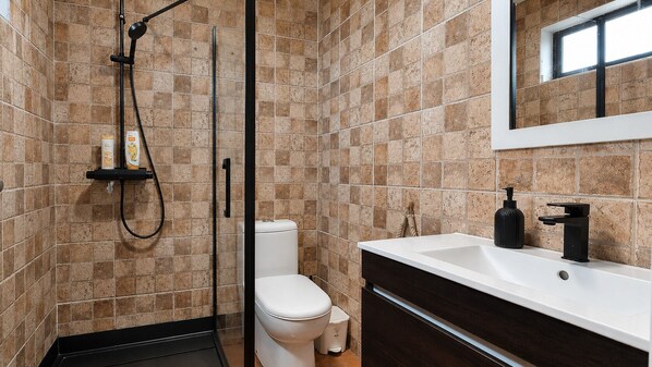 A bathroom with a shower, toilet, and sink. - Casa da Achada de Cima (Calheta)