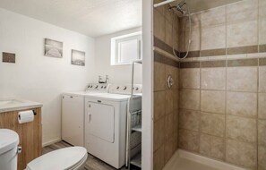 Hair dryer, towels, soap, toilet paper