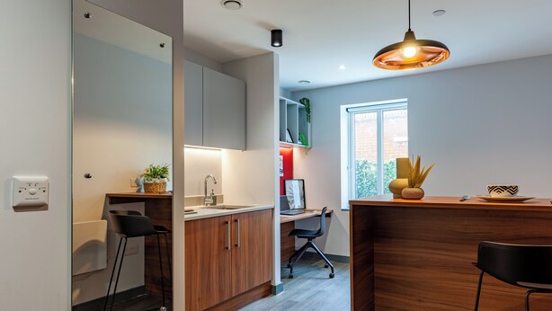 Eine moderne Küche mit Holzausbau, einem eingebauten Herd und einer Bar mit Hockern.