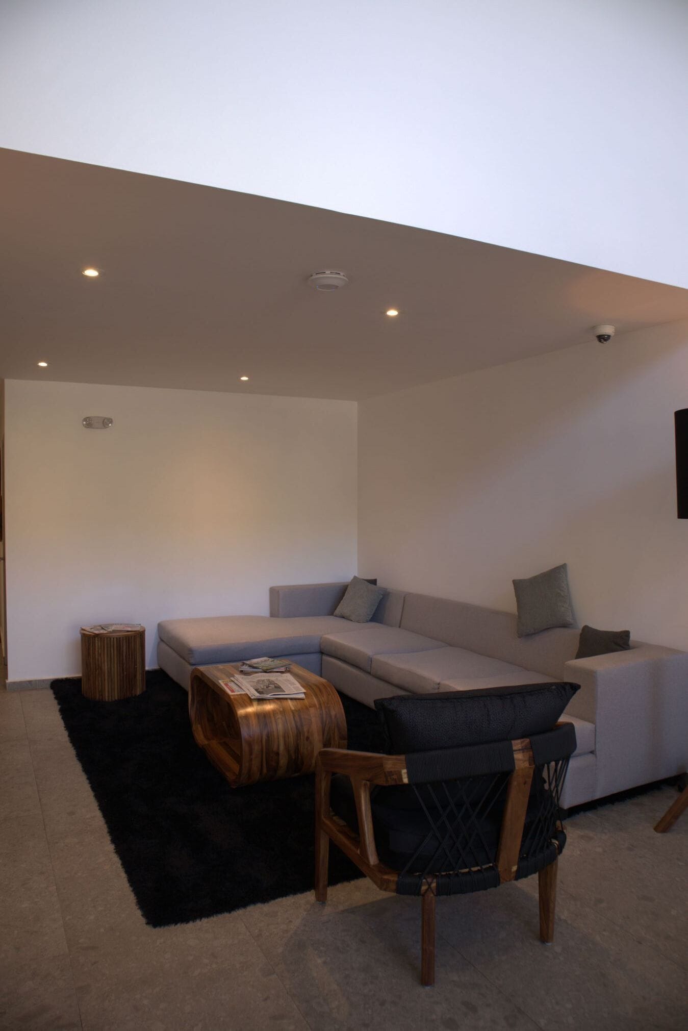 A modern living room with a sectional sofa, a wooden coffee table, and a black rug.