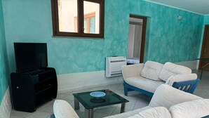 A living room with a TV, air conditioning unit, and two sofas.