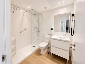Shower, hair dryer, towels