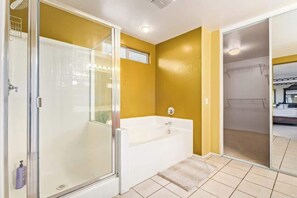 Shower, hair dryer, shampoo