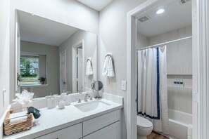 Hair dryer, towels, soap, shampoo