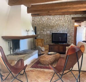 Smart TV, fireplace, books, computer monitors