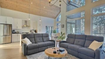 Smart TV, fireplace, books, stereo